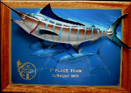 20" blue marlin on a photo plaque with gold laser engraving