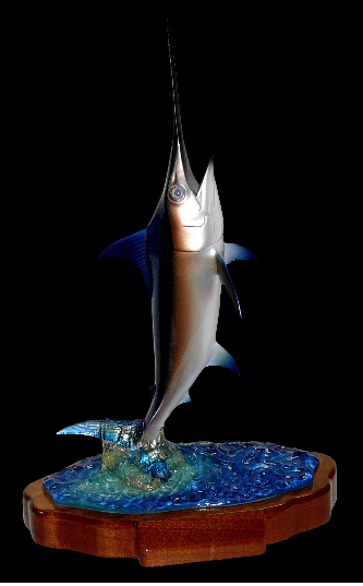 24" Swordfish on a Water Sculpture & Mahogany Base