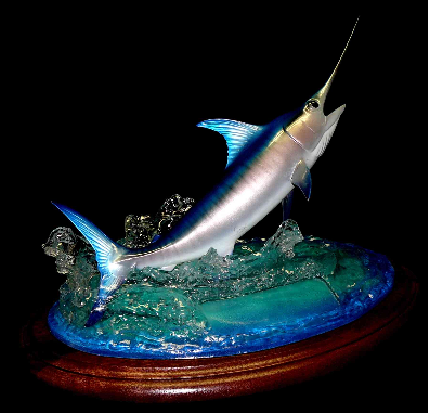 18" Swordfish on a Water Sculpture & Mahogany Base